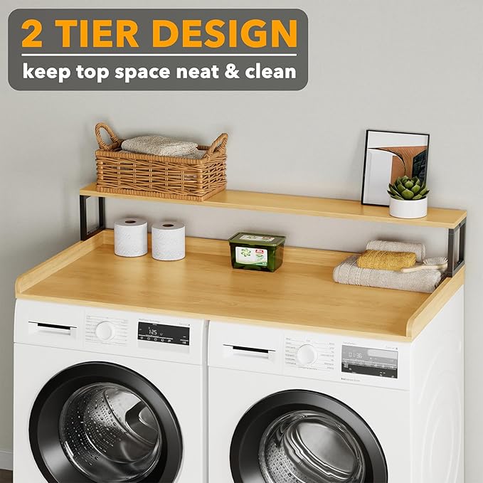 SpaceAid 2-Tier Washer Dryer Countertop, Laundry Topper with Rack Shelf 54" Width x 27.5" Depth x 10" Height Organizer Cover for Washer and Dryer Laundry Hamper Counter Storage (Maple Wood)