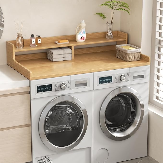 VOPEAK Washer and Dryer Countertop with Shelf, 2-Tier Washer Dryer Topper, 54" x 27.5" Spacious Laundry Countertop, Washing Machine Topper for Laundry Room Organization and Folding Clothes, Oak