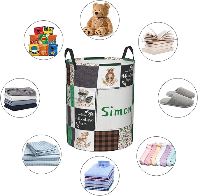 Greenery Woodland Animals Personalized Laundry Hamper Custom with Name Collapsible Waterproof Storage Basket with Handles for Bedroom Clothes Toys.