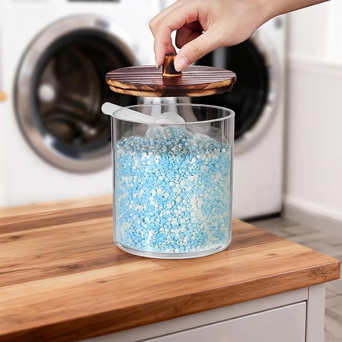 SheeChung 4 Pack 50 Oz Dark Wood Lid Large Apothecary Jar - Rustic Farmhouse Laundry Room Decor - Container for Bathroom Organization - Clear Storage Canister for Scent Beads & Salts