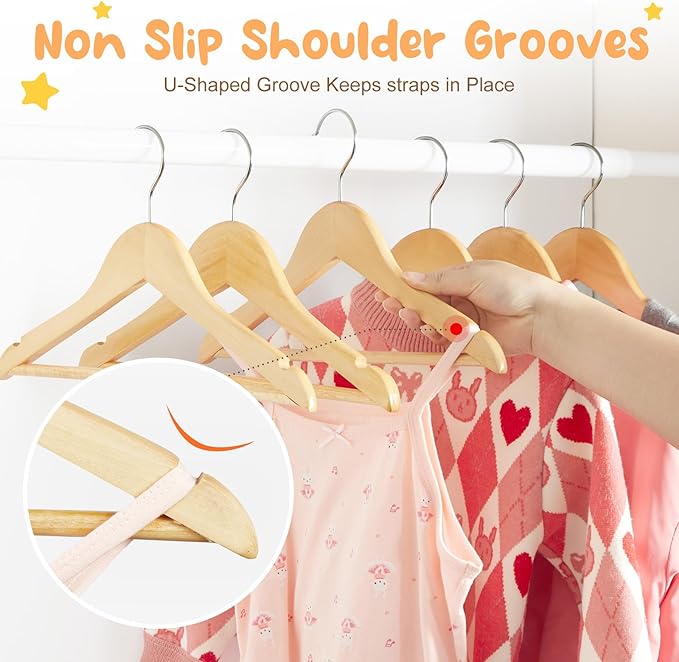 HOUSE DAY Wooden Baby Hangers for Closet 20 Pack, Kids Wooden Hangers for Baby Clothes, Heavy Duty Wood Toddler Coat Hanger with Non Slip Pant Bar, 360° Swivel Hook, Shoulder Notches, Natural