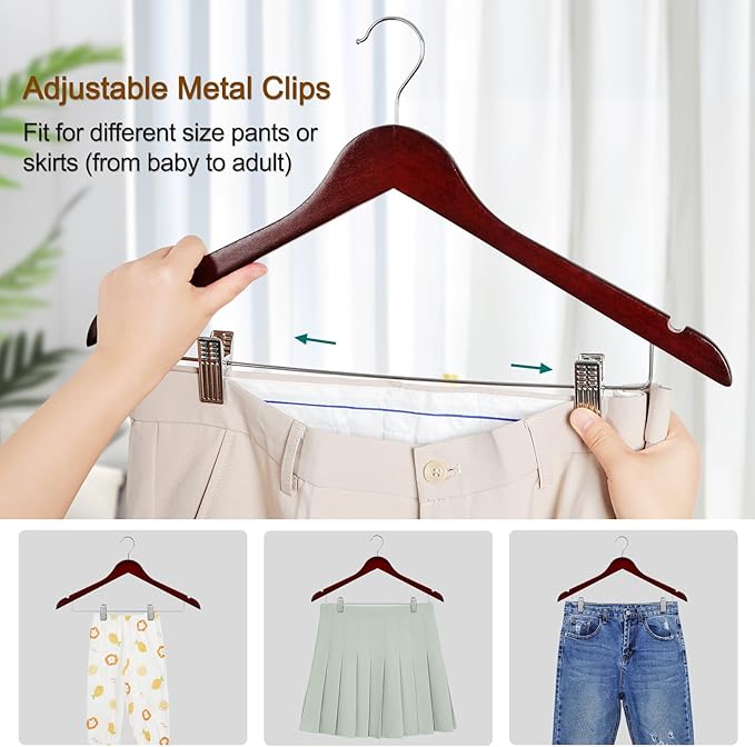 TOPIA HANGER Wooden Suit Hangers with Adjustable Metal Clips (10 Pack), Solid Wood Clothes Hangers, 360° Swivel Hook, Premium Pants Hangers for Clothes Coat, Jeans, Blouse- Cherry CT28M