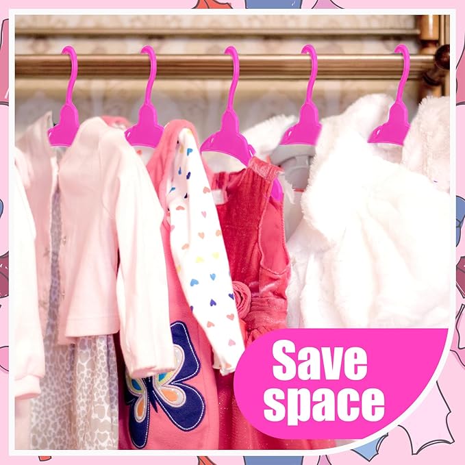 Soulchen 100 Pcs Doll Clothes Hangers for 18 Inch Dolls, Plastic Clothes Hangers with Non-Slip Clips, Space-Saving Wardrobe Accessories for Gown Dress Outfit (Rose Red)