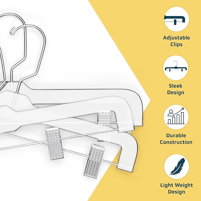 Lifemaster Clear Plastic Hangers - 50 Pieces 14 Inches Anti-Slip Space-Saving, Closet Organization Solution - Pants, Trousers, Skirts, Jeans Hangers with 360° Swivel Hook and Adjustable Clips - Clear