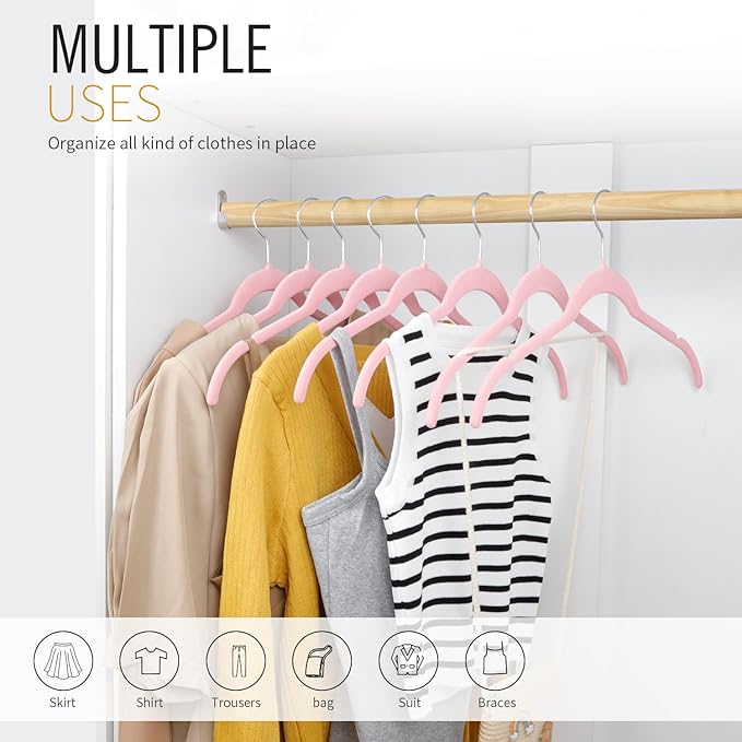 ManGotree Velvet Shirt Hangers for Women, 16.5'' Suit Hangers with Shoulder Groove, Non-Slip Dress Clothes Hanger for Coats, Tank Tops, Shirts, Blouses, Shorts (22 Pack, Pink)
