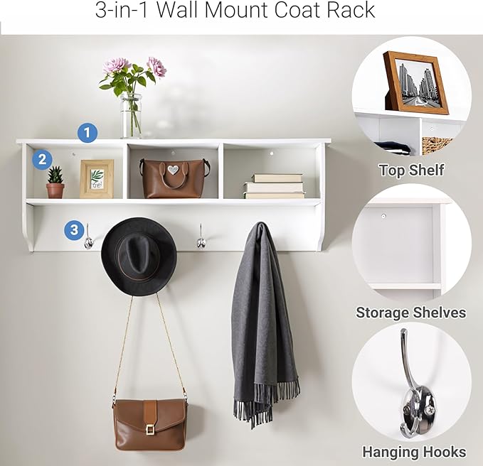 38.6" Contemporary Wall Mounted Coat Rack with Shelf, Entryway Hanging Coat Rack with 3 Shelves, Wall Shelf with 4 Dual Hooks for Hallway, Living Room, Bedroom (White)