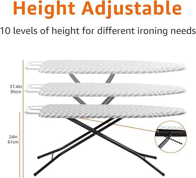 Amazon Basics Height Adjustable Full-Size Foldable Ironing Board, 4-Leg Fold-Up, Chevron Removable Cover, 60" x 14" x 38"