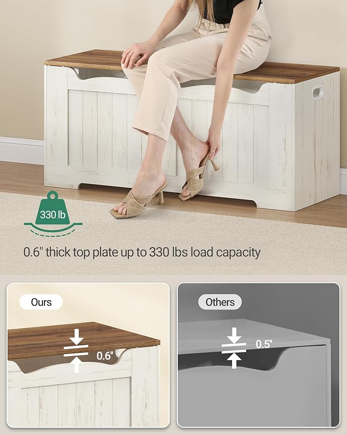 43.3" Storage Chest, Extra Large Storage Bench Trunk with 2 Hinges, Wooden Box, Lift-Top Chest Organizer, Shoe Bench for Entryway, Bedroom, Living Room, White and Brown SB25514X