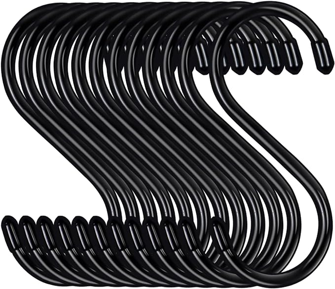 12 Pack 5 Inch S Hooks for Hanging, Large Vinyl Coated Closet Hooks Non Slip Heavy Duty, Rust Proof Steel Black Metal S Hooks for Hanging Jeans Plants Clothes Bag Purse Bird Feeder Pot Pan Cups Towel
