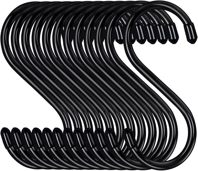 HiGift 24 Pack 5 Inch Large S Hooks for Hanging Plants, Black Vinyl Coated, Non Slip Heavy Duty, Metal Rubber Coated Closet Hooks for Jeans, Pot, Pan, Cups, Clothes