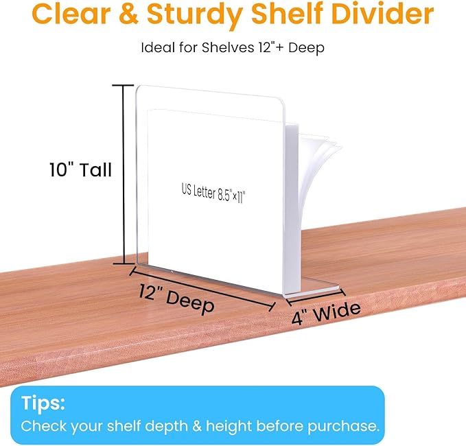 Purse Organizer for Closet Shelf Dividers - 10" Tall X 12" Deep Clear Acrylic Shelf Dividers for Closet Organization - Free-Standing Adhesive Design for Wood & Wire Shelves Bedroom Kitchen 12 Pack