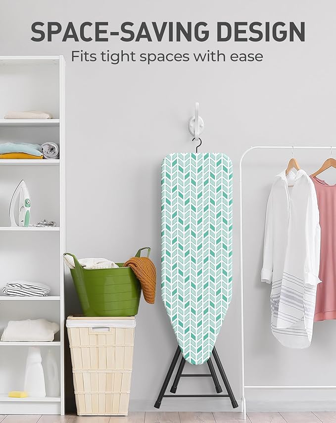 LyriFine Ironing Board, 2-in-1 Flat and Hanging Board, Sturdy Steel Frame Iron Board with Non-Slip Feet, Heat Resistant Cover Iron Board, Foldable Ironing Board Full Size with Hook, 14″ x 43″ Green