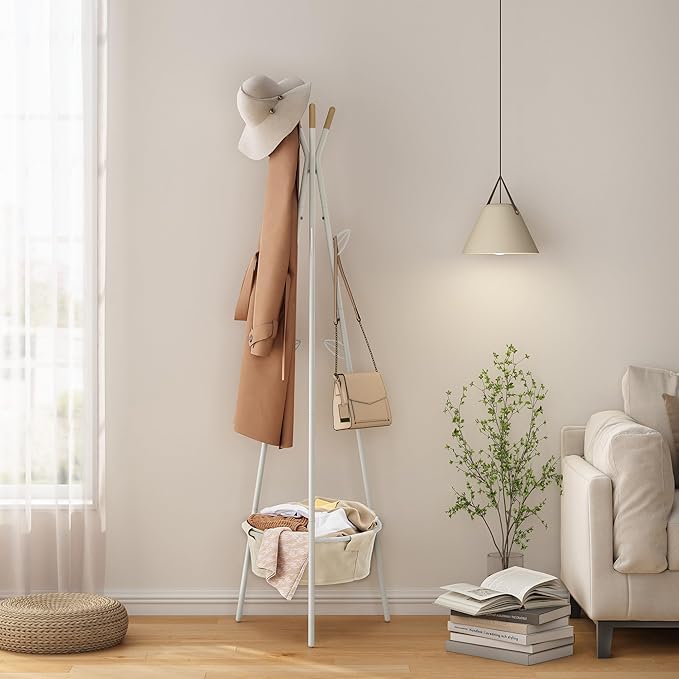 Tajsoon Coat Rack Stand, Coat Tree with Storage Basket and 9 Hooks, Coat Rack Freestanding for Bedroom, Hallway, Office, Coat Hangers Stand for Clothes, Scarves, Hats, Bags, White