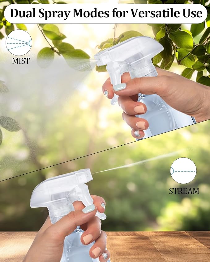 2 Pack 360° Spray Bottles, 10 oz Plastic Small Containers with Adjustable Spray Nozzles, Spray Bottles for Hair, Cleaning Solutions, BBQ and Plants Amber&Clear
