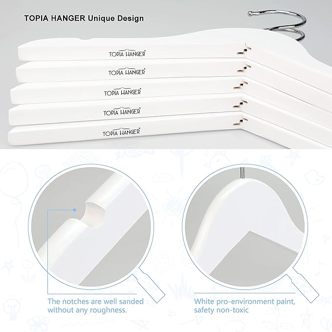 TOPIA HANGER Baby Clothes Hangers for Closet, White Children Kids Wooden Coat Hangers with 360° Stronger Swivel Hook and Extra Smoothly Cut Notches, 10 Pack-CT09W