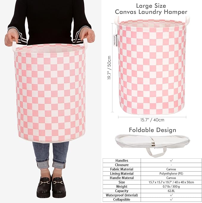 Sea Team 19.7 Inches Large Sized Waterproof Coating Ramie Cotton Fabric Folding Laundry Hamper Bucket Cylindric Burlap Canvas Storage Basket with Stylish Grid Pink Design