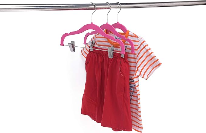 Quality Kids Children's Plastic Non Velvet Non-Flocked Thin Compact Skirt Pant Coat Hangers with Metal Clips for Skirts Pants Blouses 360° Swivel Hook, Jacket, Shirt, Legging, Suit Hangers (Pink, 10)