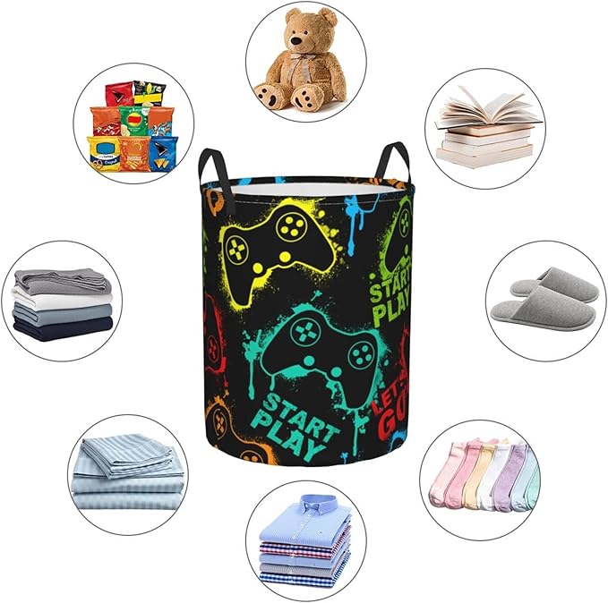 Colorful Silhouettes Game Joystick Round Laundry Hamper Storage Basket Toys Clothes Organizer Bin For Home Bathroom Bedroom Dorm Nursery, 38l