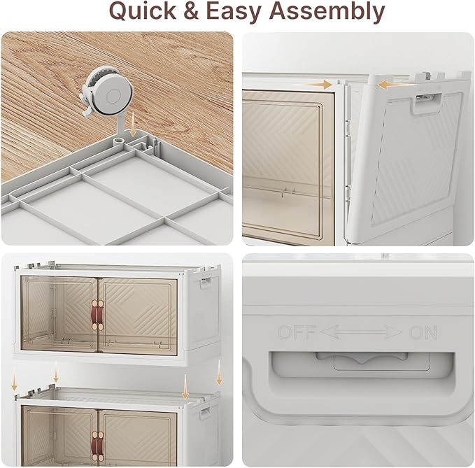 Extra Large Stackable Storage Bins, Lockable Storage Bins with Lids, Folding Storage box with Doors and Wheels, Collapsible Plastic Drawers for Home, Garage, Office (4, White, Large)