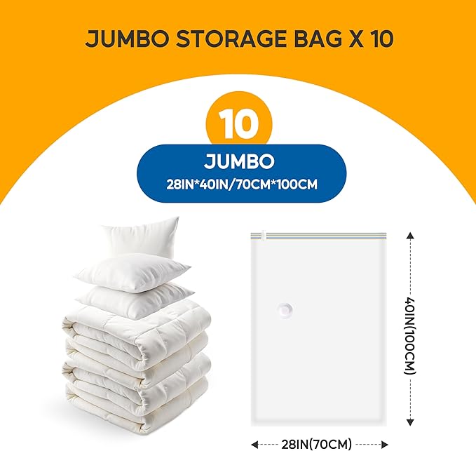 Simple Deluxe 10 Jumbo Vacuum Storage Bags, Space Saver Bags, Vacuum Seal Bags with Hand Pump for Comforters, Blankets, Bedding, Pillows and Clothes