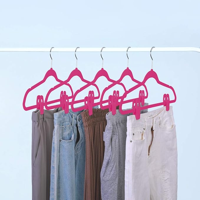 Trgowaul Hot Pink Velvet Hangers Clips, Pants Hangers Velvet Clips, Strong Finger Clips Perfect for Thin Velvet Hangers (20 Pcs, Hot Pink)