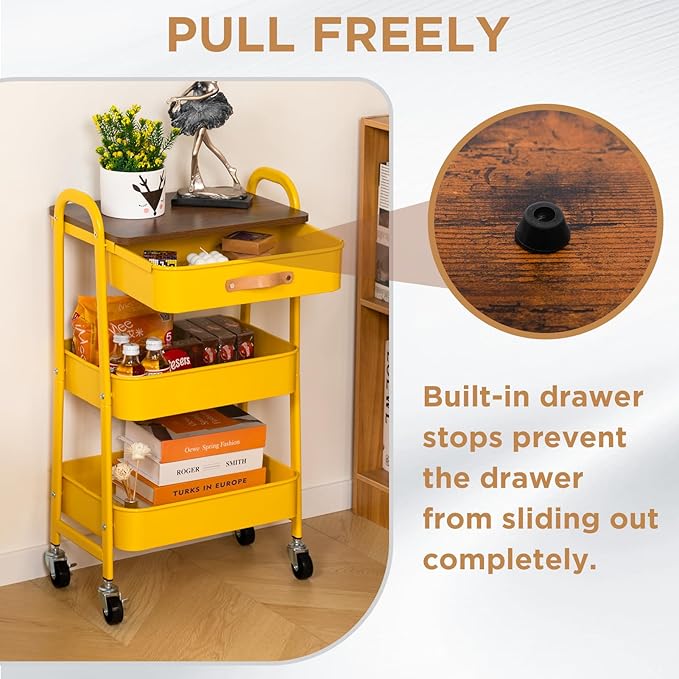 AGTEK Rolling Cart with Drawer, 3 Tier Movable Metal Utility Organizer with Wooden Board, Mobile Trolley Cart for Home & Office, Yellow