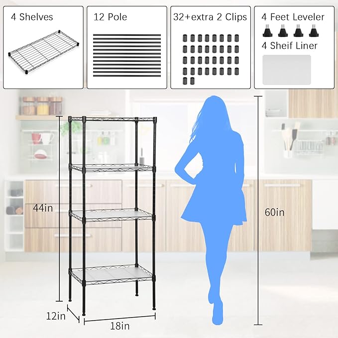 YRLLENSDAN Wire Shelving Unit with PP Liners, 4 Tier Metal Storage Shelves for Laundry Room Organization, Closet Shelf Organizer, Kitchen Rack, Garage Storage, Black, 18" x 12" x 44" ﻿