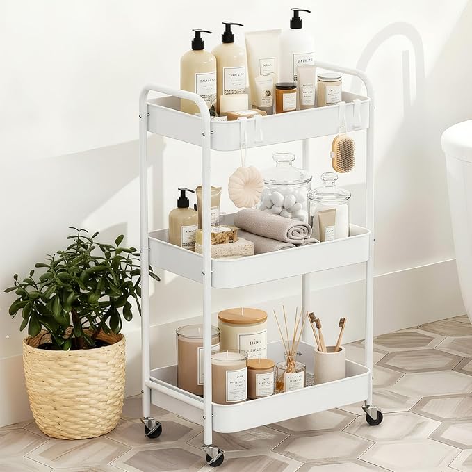 JAQ Makeup Carts, 3-Tier Metal Rolling Utility Storage Organizer Cart Shelf with Wheels for Craft Office Supplies Diapper Snack in Bathroom Kitchen Laundry Classroom Dorm -(3-Tier,White)