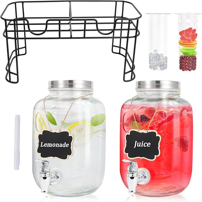 1 Gallon Glass Drink Dispensers For Parties-Set of 2,Drink Dispenser with Fruit Infuser & Stand,Juice or Beverage Dispenser for BBQ, Picnic, Party,Laundry Detergent Dispenser