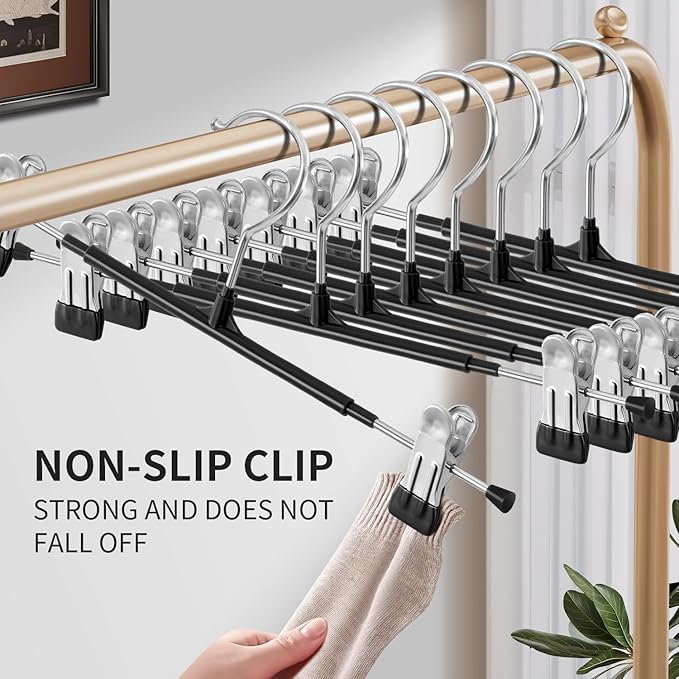 HUADYMEET 16 Inch Extended-Length Pants Skirt Hangers Non-Slip,50 Pack Adjustable Jeans Trousers Shorts Metal Clothes Hangers with Clips for Men Women, Strong Durable Heavy Duty Space Saving(Black)