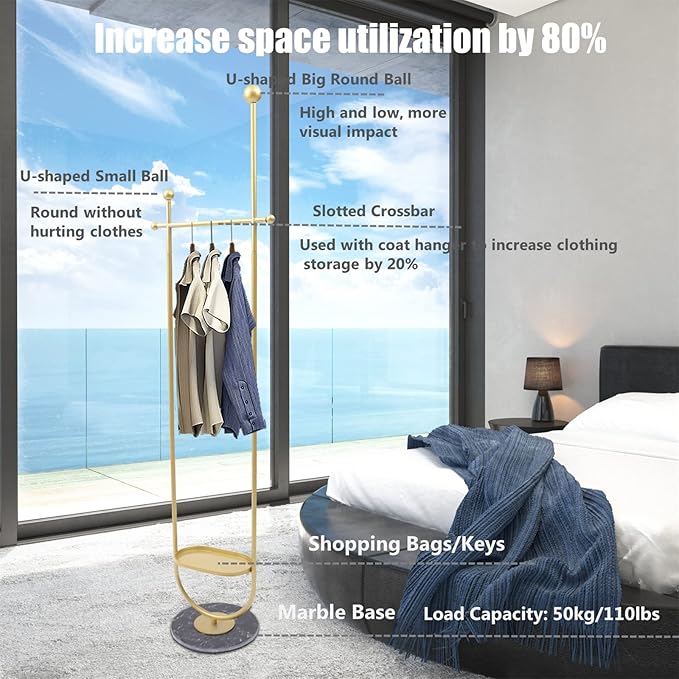 DYRABREST Modern Garment Rack With Clapboard and Clothing Rack With Marble Base Gold Clothing Coat Rack Freestanding for Home Bedroom(Gold Black)