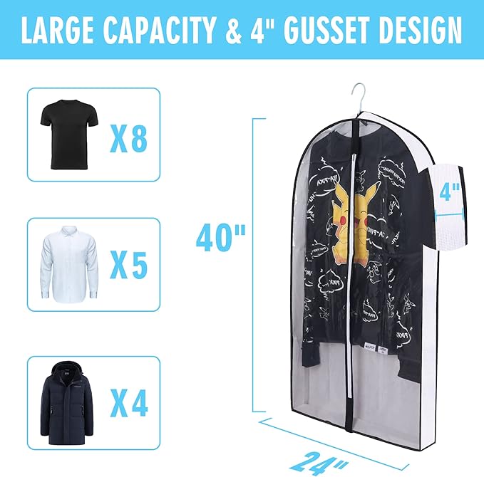 40" Garment Bags for Hanging Clothes, Clear Proof Suits Covers with 4" Gussets for Closet Storage and Travel Hanging Clothes Bag for Coat, Sweater, Jacket, Dress, Shirts (3 Pack - 40")