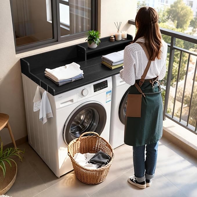 Washer and Dryer Countertop with Shelf, HDPE 2-Tier Laundry Countertop, 54" Wide Laundry Machine Topper with 2 Hooks & Non-Slip Pads for Laundry Room Organization and Folding Clothes (Black)
