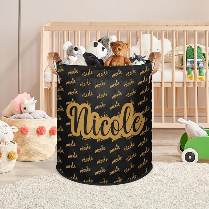 Custom Name Laundry-Hamper, Personalized Kids-Clothes-Hamper Foldable with Name, Customized Storage Basket with Handles Waterproof Gift for Boys Girls Baby Women,Black Yellow
