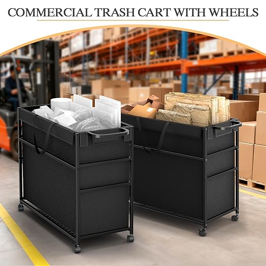 Commercial Trash Can Cart, 51.5Gal Office Trash Cart (2 Lockable), Recyclable Cardboard Box/Paper Organizer, Large-Capacity Laundry Cart for Hotel/Office/Home/Nursing Home/Groceries/Supplies