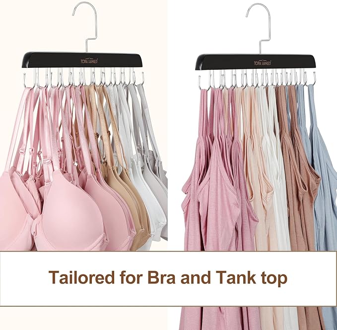 TOPIA HANGER Bra Hanger for Closet, Tank Top Hangers 20 Hooks Capacity Foldable Wood Space Saving Hangers Closet Organizer for Tank Top, Bra, Scarf, Belt, Tie etc - CT46B