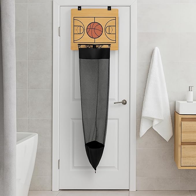 Oversized Basketball Laundry Hamper with Wooden Backboard – Over the Door Basketball Hoop Laundry Basket for Dirty Clothes, Boys Room Organizer & Fun Clothes Hamper (Wood)