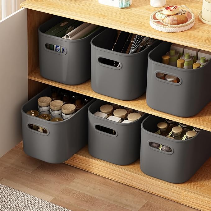 6 Pack Grey Storage Bins with Lids Stackable Storage Container for Organizing, Storage Boxes with Handle for Shelves, Cute Organizer Bins for Craft, Snacks, 9.85x6.9x5.7 inch