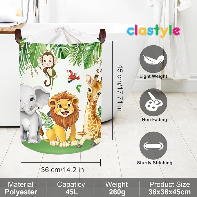 Clastyle Safari Animal Laundry Basket Leaf Kids Clothes Book Storage Basket Gift Toy Box for Bedroom Decor,Elephant Lion Giraffe,36x45 cm