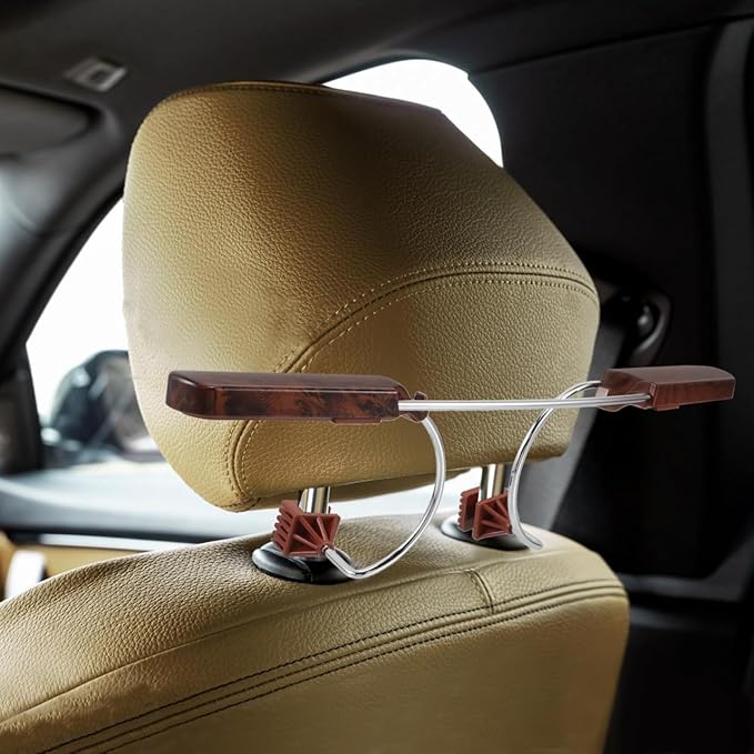 Multifunctional Vehicle Clothes Hanger Rack with Sturdy Wood and Stainless Steel Suit and Jacket Organizer for Car Headrest Space-Saving Garment Rack for Travel and Daily Use