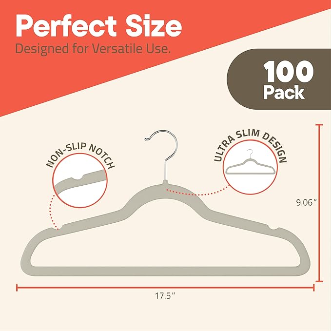 Ivory Velvet Hangers 100 Pack – 360° Swivel Hook, Non-Slip and Space Saving Hangers, Heavy-Duty 11 lbs Weight Capacity - Smooth Velvet Finish for Crease-Free Clothes and Effortless Closet Organization