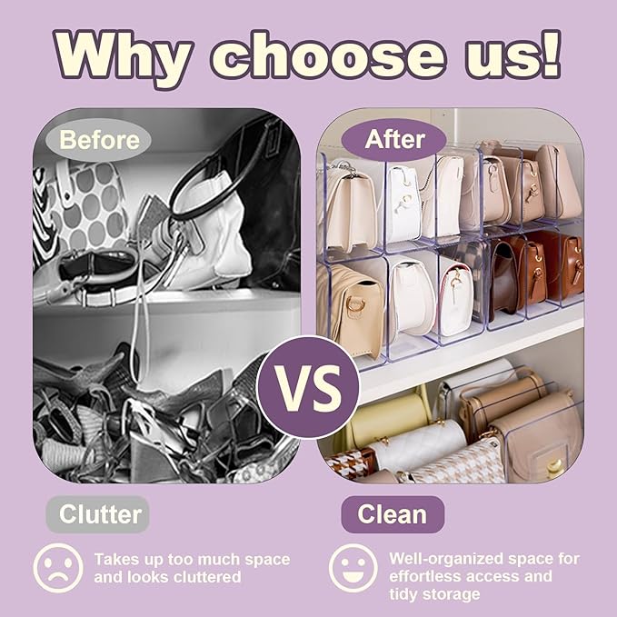 Lemical Clear Acrylic File Sorter 2 Pack Handbag Clutch Purse Organizer Acrylic Shelf Divider Drawer Organizers for Clothes Pouch Notebooks Stand Bookshelf Cooking Utensil (2Pack-4Sections)
