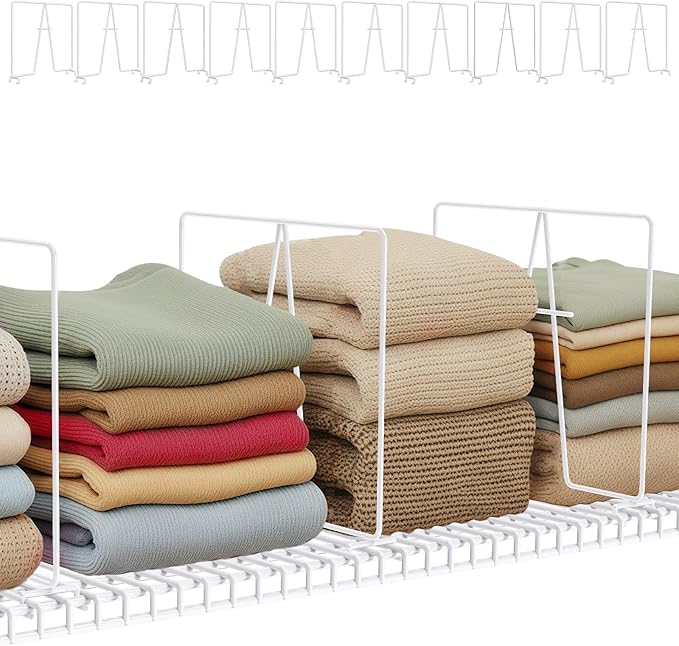 10 Pack Wire Shelf Dividers for Closet, Solid Coated Metal Closet Dividers for Closet Organization, Easy Install Closet Shelf Divider for 12'' Tall x 12'' Deep Wire Shelves and Storage, White