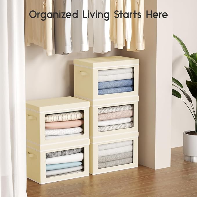 Collapsible Storage Bins with Lids - Stackable Storage Containers with Window, 6 Pack Fabric Organizing Bins for Closet, Home & Office Organization Baskets, Beige, 14.9" x 9.8" x 9.8"
