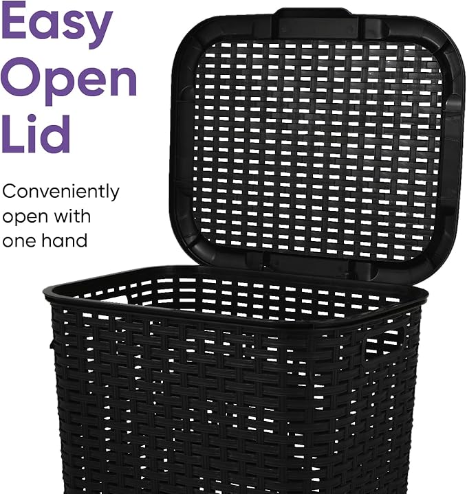 Plastic Laundry Hamper with Lid Laundry Hamper Basket, Black Tall Cloths Hamper Organizer with Cut-out Handles. Space Saving for Laundry Room Bedroom Bathroom, Wicker Design 60 Liter
