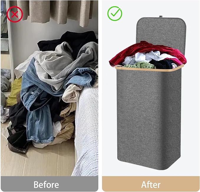 100L Laundry Basket with Lid, Clothes Hampers for Laundry with Bamboo Handles Large Foldable Laundry Hamper with Removable Inner Bag for Laundry Room, Bathroom, Bedroom and Dorm - Grey