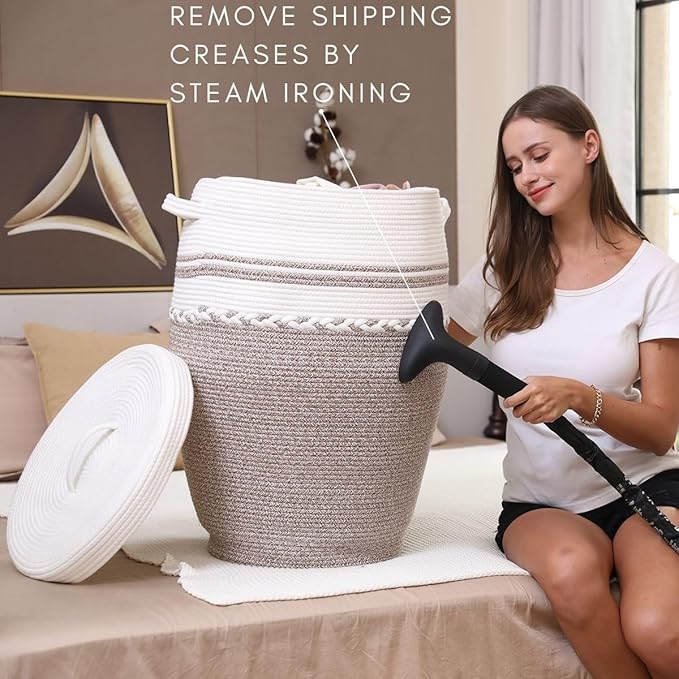 26"x20" Handcrafted Tall Cotton Rope Basket with Lid, Stylish Flagon Shape with Cover, Clothes Hamper with Top, for Bedroom and Living Room, White/Deep Camel White Mix