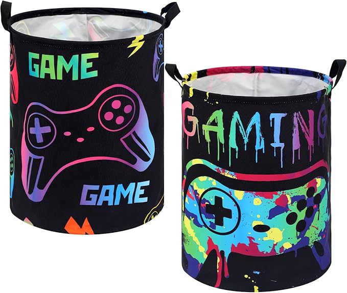 Zhehao 2 Pcs Gamer Laundry Basket Boys Kids Laundry Hamper Gamer Room Decor Gaming Storage Basket Hamper Clothes Organizer Nursery Toy Storage Bin for Easter Gifts Bedroom Bathroom Decoration(Fresh)
