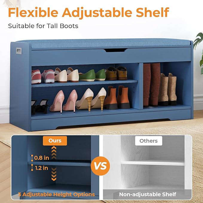 Farmhouse Shoe Storage Bench, Entryway Bench with Cushion Seat, Lift Top Storage, Adjustable Shelf, 3 Doors, 330 lbs Capacity, Storage Bench for Entryway, Bedroom, Living Room (Blue)