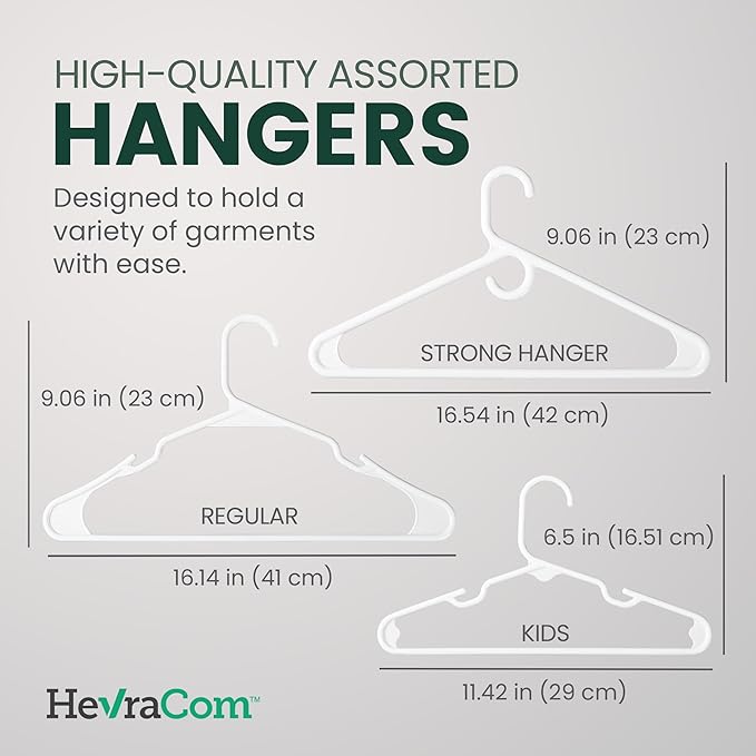 HevraCom Clothes Hangers Family Pack Strong Non Slip Hangers 50 Pack - 30 Standard, 10 Kids, 10 Heavy Duty, Space Saving Coat and Pants Hangers, Skirt Hanger for Storage, Hangers Plastic 50 Pack